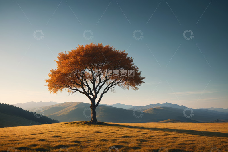 高清大图下载【趣麦麦图】原野中独树与远山风景