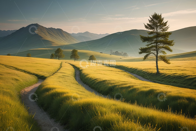 高清大图下载【趣麦麦图】山间草地与蜿蜒小路风景