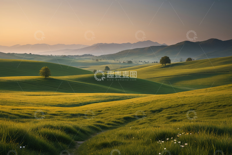 高清大图下载【趣麦麦图】黄昏时分的绿色山丘田园风光