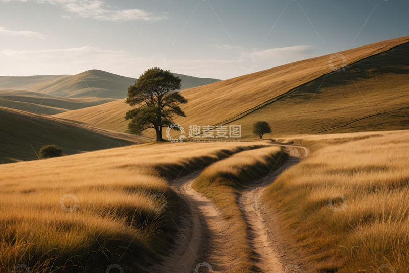 高清大图下载【趣麦麦图】原野中的蜿蜒小路与孤树