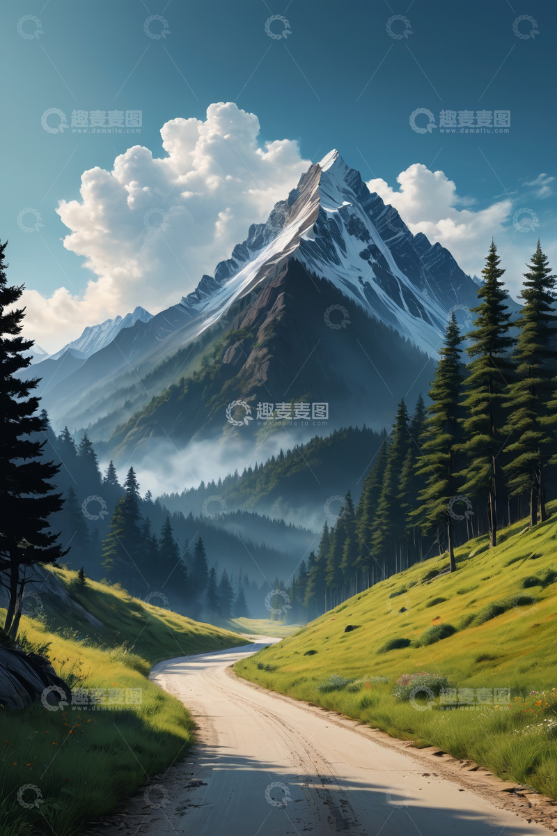 高清大图下载【趣麦麦图】山间公路旁的雪山森林风景