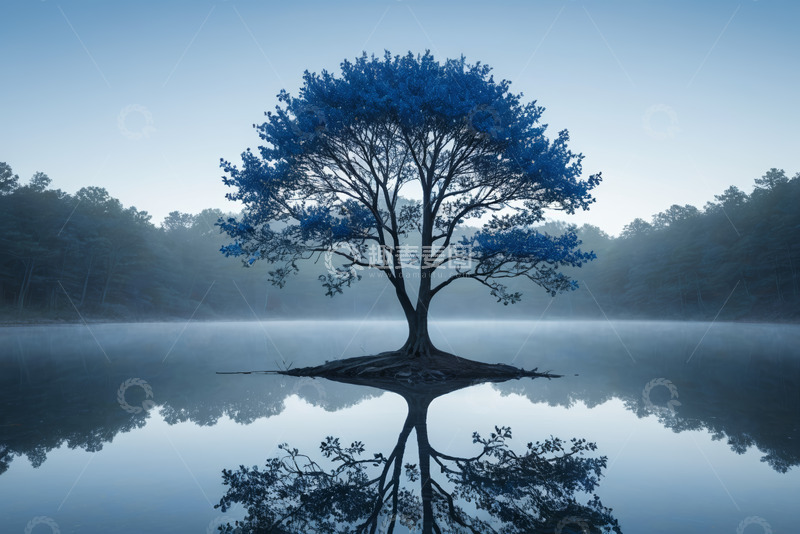 高清大图下载【趣麦麦图】湖心蓝树倒影自然风光