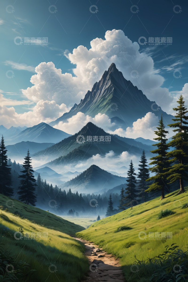 高清大图下载【趣麦麦图】山间草地树林与云雾缭绕山峰