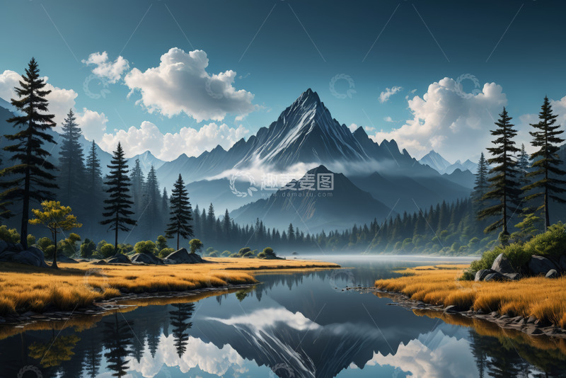 高清大图下载【趣麦麦图】山林湖泊自然风光全景