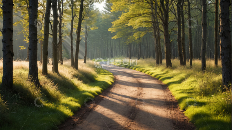 高清大图下载【趣麦麦图】林间清晨阳光照耀下的小路
