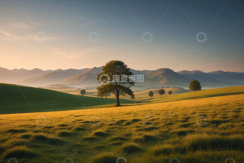 高清大图下载【趣麦麦图】草原上孤独的树木与远山风景
