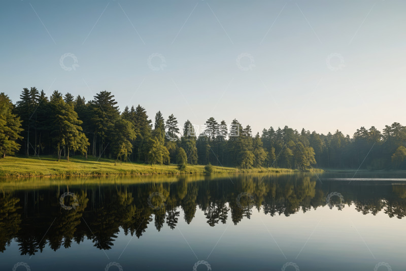 高清大图下载【趣麦麦图】森林旁平静湖面自然风光