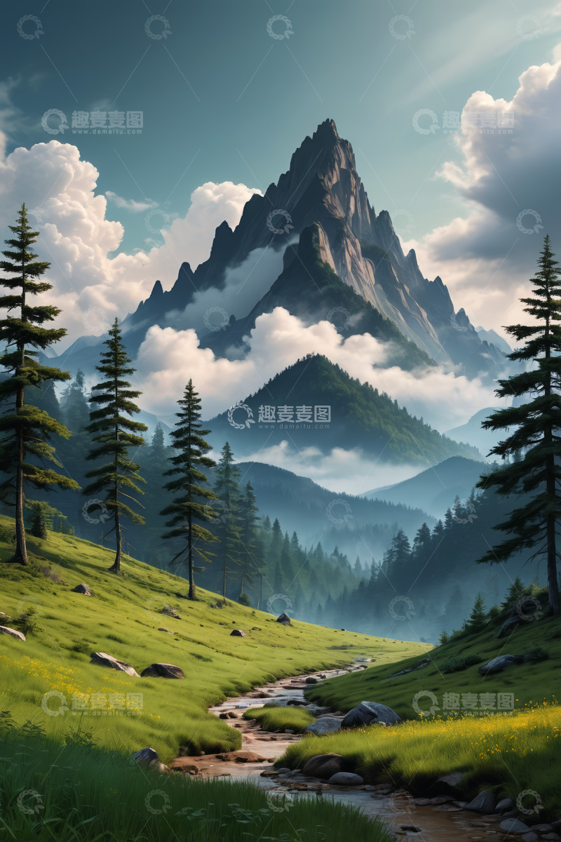 高清大图下载【趣麦麦图】山间草地溪流自然风光