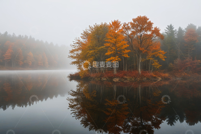 高清大图下载【趣麦麦图】秋季湖边雾中森林倒影景象