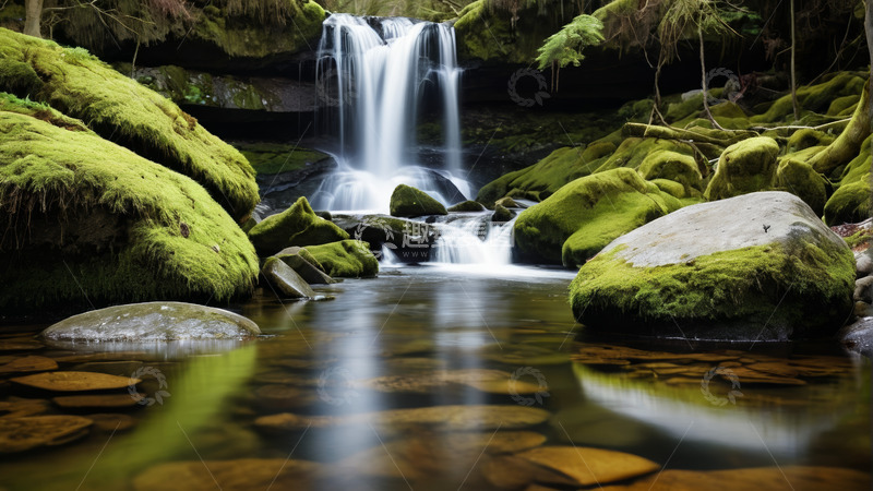 高清大图下载【趣麦麦图】森林中的瀑布与溪流景观