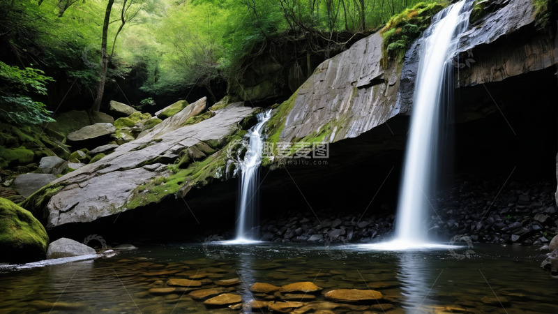 高清大图下载【趣麦麦图】森林中的瀑布自然景观