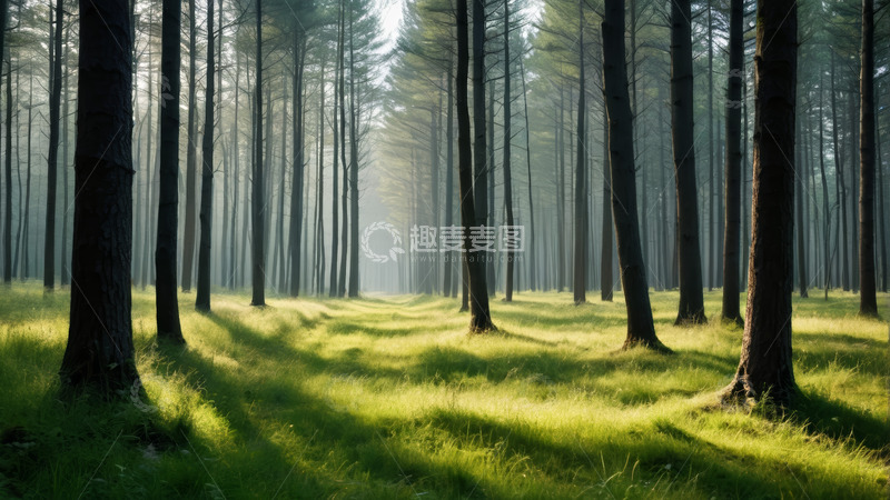 高清大图下载【趣麦麦图】阳光照耀下的静谧森林风景