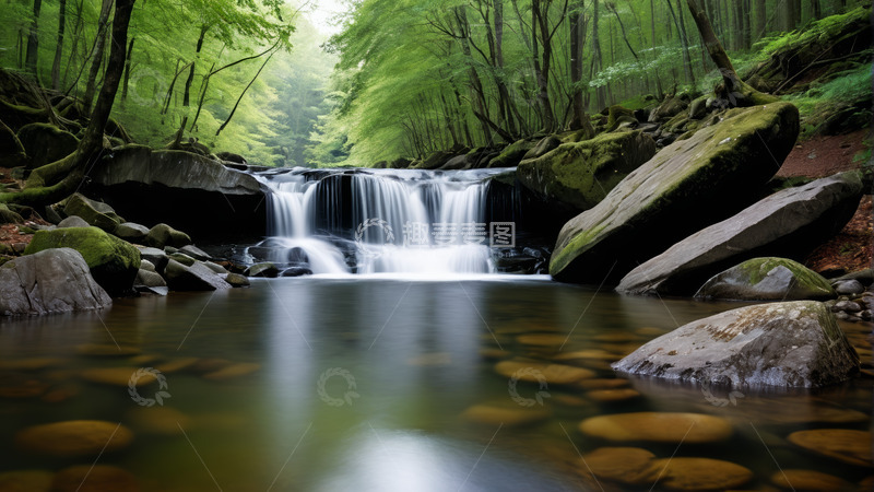 高清大图下载【趣麦麦图】森林中溪流与小瀑布景观