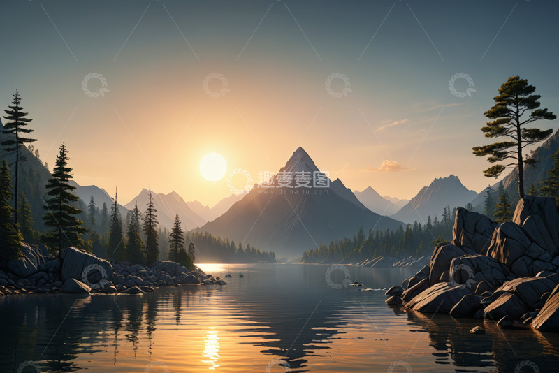 高清大图下载【趣麦麦图】湖畔山林日出自然风光