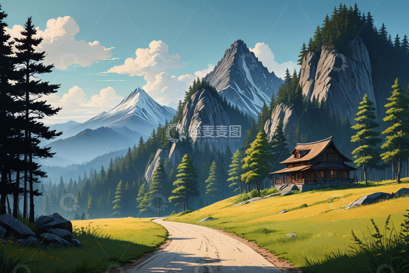 高清大图下载【趣麦麦图】山间木屋旁的自然风光