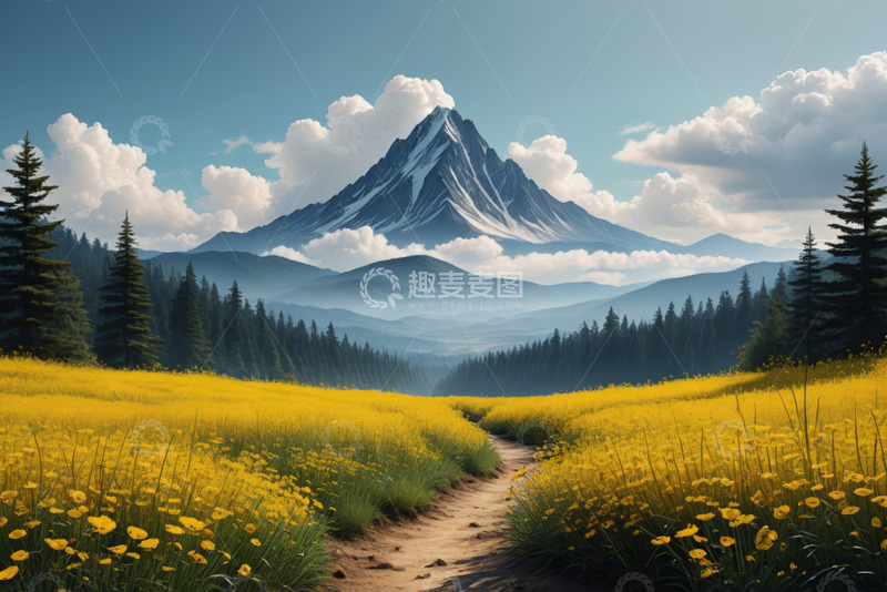 高清大图下载【趣麦麦图】山间黄花草地与巍峨雪山风景