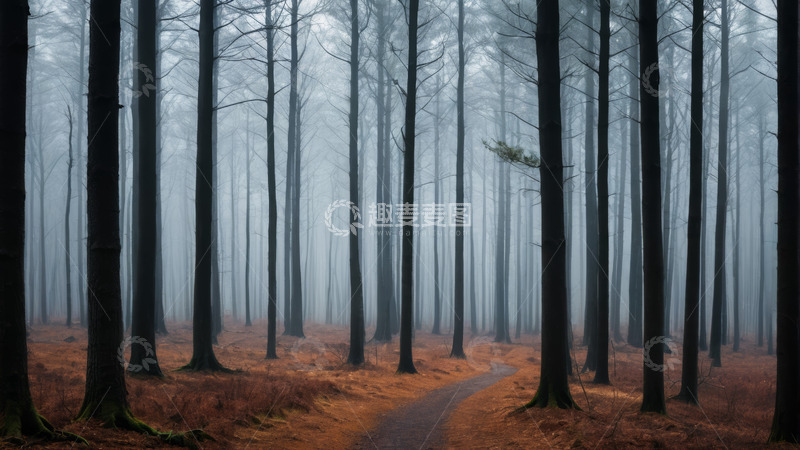 高清大图下载【趣麦麦图】迷雾中的森林小径景观