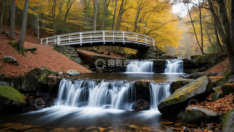 高清大图下载【趣麦麦图】秋日森林中的溪流与白桥