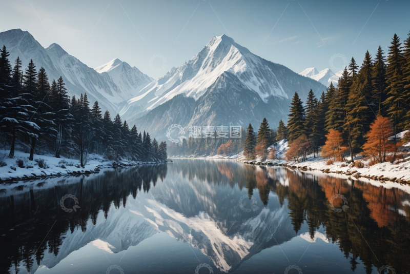 高清大图下载【趣麦麦图】雪山森林湖泊自然风光