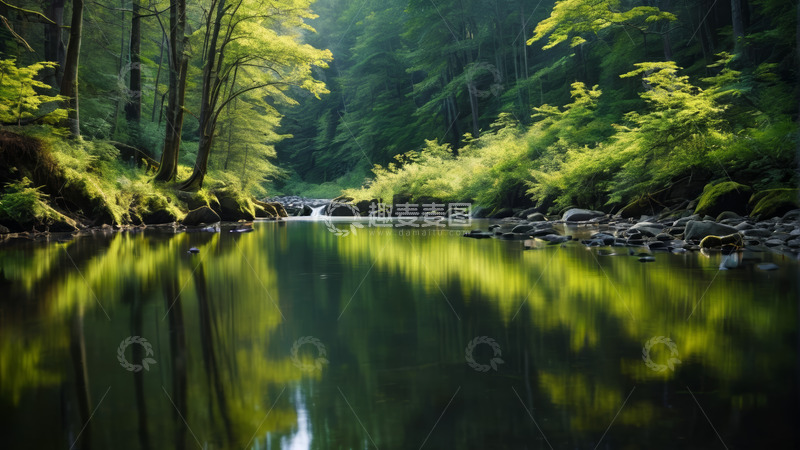 高清大图下载【趣麦麦图】森林中的静谧河流