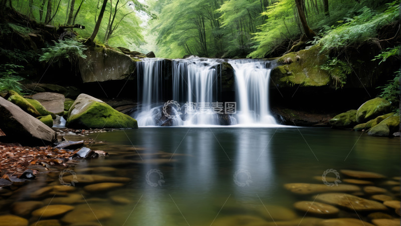高清大图下载【趣麦麦图】森林中的自然瀑布景观
