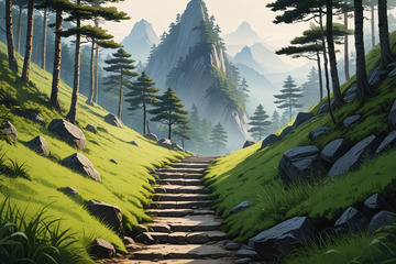 山间草地中的石板路风景