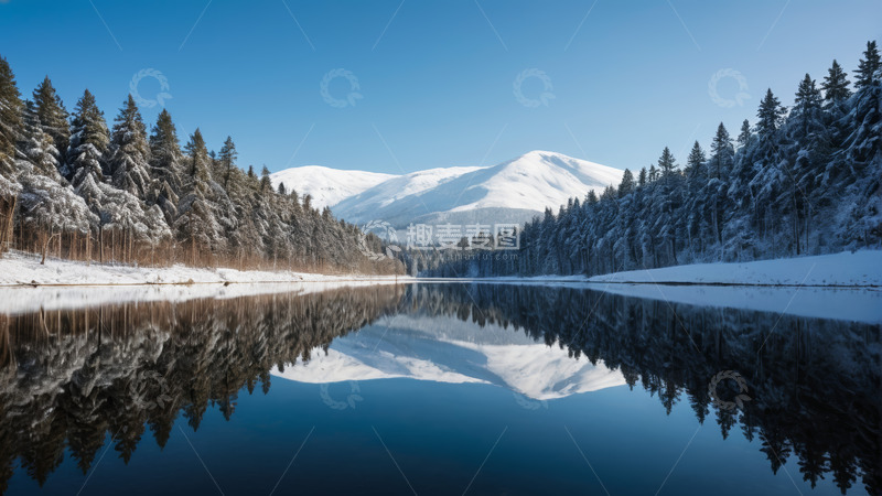 高清大图下载【趣麦麦图】雪覆山林与平静湖面景观