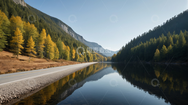 高清大图下载【趣麦麦图】山间公路旁的宁静湖水风光