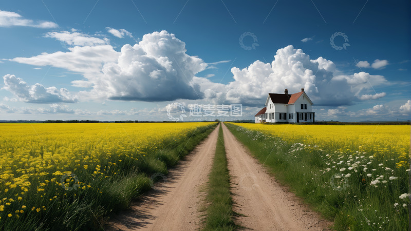 高清大图下载【趣麦麦图】田野间的小路与白色房屋
