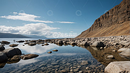 湖畔岩石与远山风景