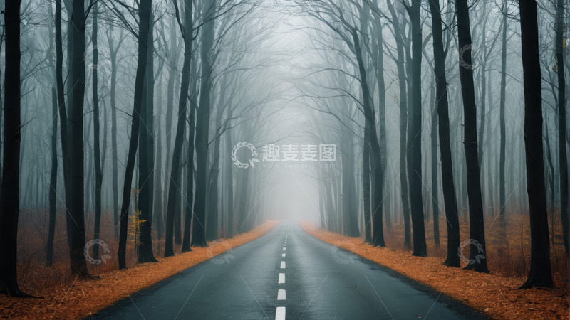 高清大图下载【趣麦麦图】雾中森林道路秋景