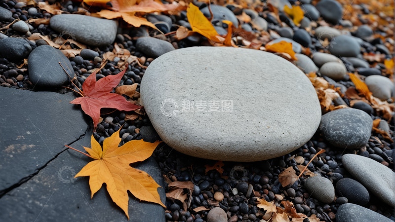 高清大图下载【趣麦麦图】户外鹅卵石与秋叶景象