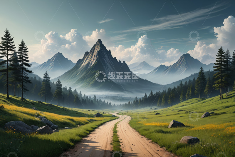 高清大图下载【趣麦麦图】山间草地中的蜿蜒小路风景