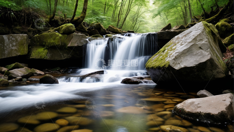 高清大图下载【趣麦麦图】森林中溪流瀑布自然景观
