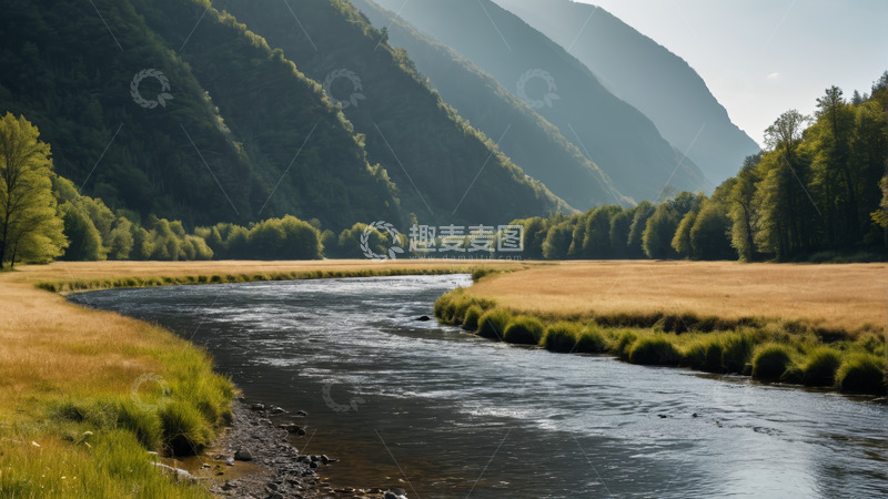 高清大图下载【趣麦麦图】山间河流与草地森林景观