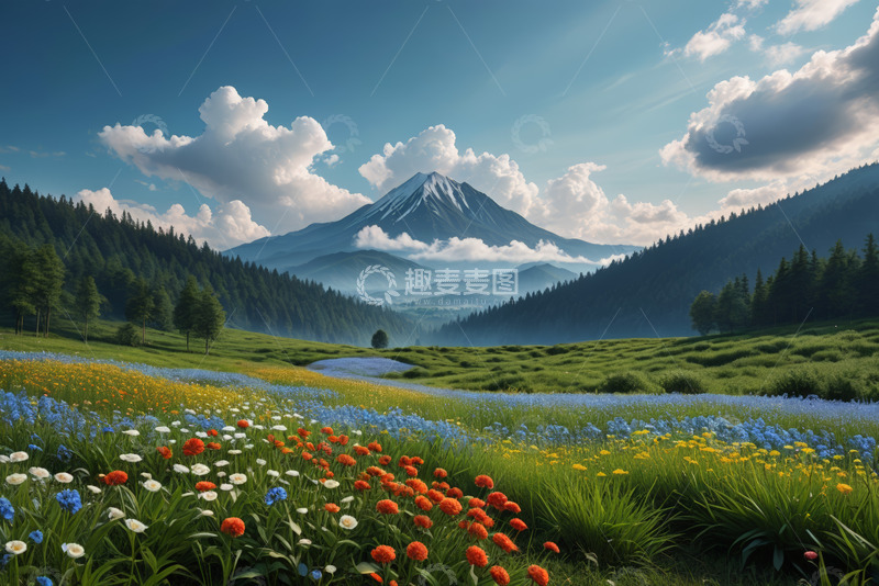 高清大图下载【趣麦麦图】山间花海与远处雪山自然风景