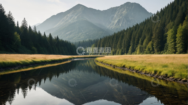 高清大图下载【趣麦麦图】山林间宁静的河流风光