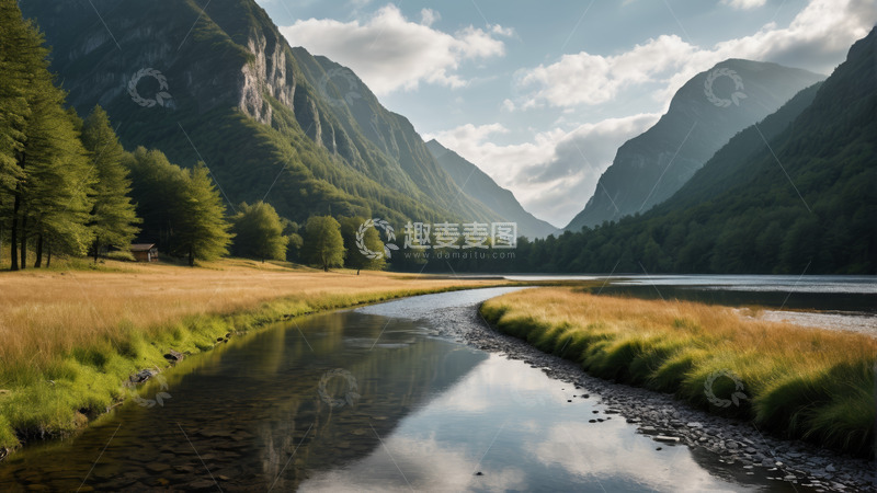 高清大图下载【趣麦麦图】山间河流与草地森林风景