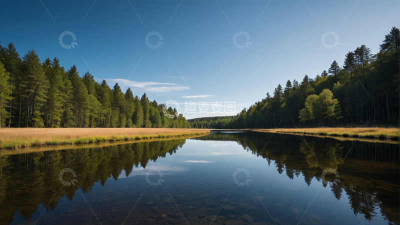 高清大图下载【趣麦麦图】森林旁宁静湖泊自然景观