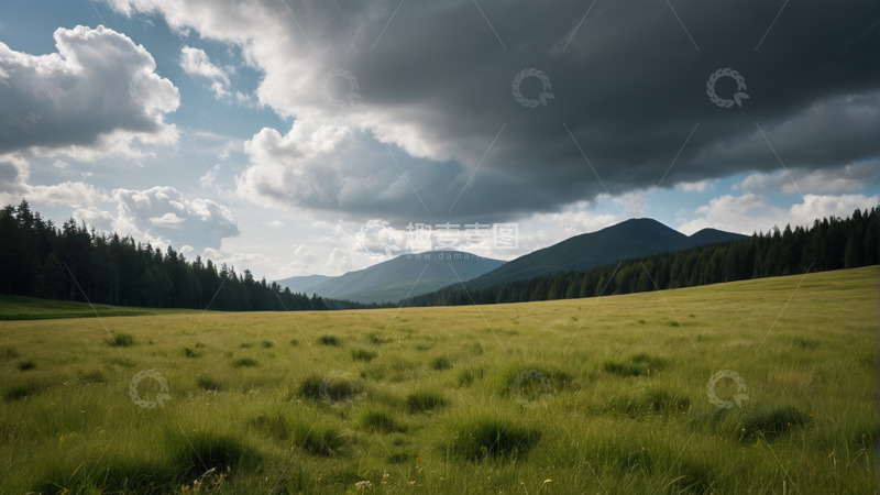 高清大图下载【趣麦麦图】草原山林与多云天空风景