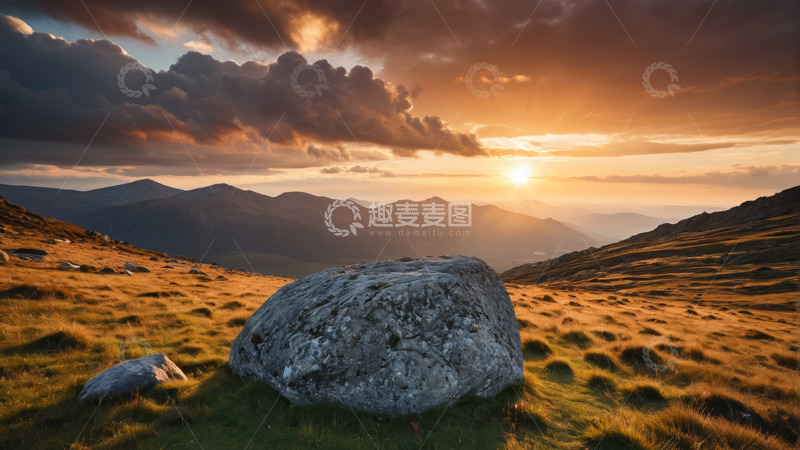 高清大图下载【趣麦麦图】山间草地夕阳下的巨石景观