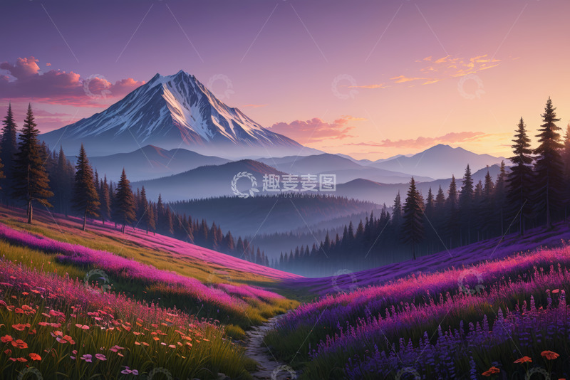 高清大图下载【趣麦麦图】山间花海与远处雪山风景