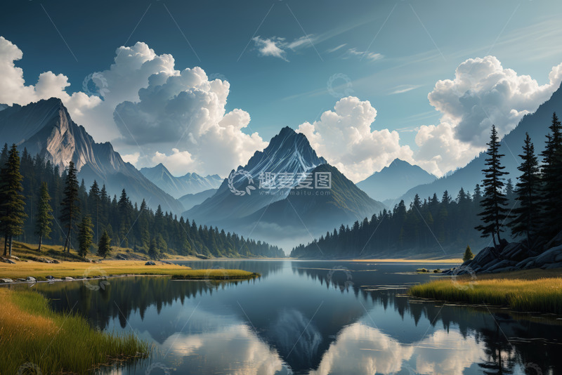 高清大图下载【趣麦麦图】山林湖泊自然风光全景