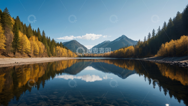 高清大图下载【趣麦麦图】秋日山林间宁静的湖泊风光