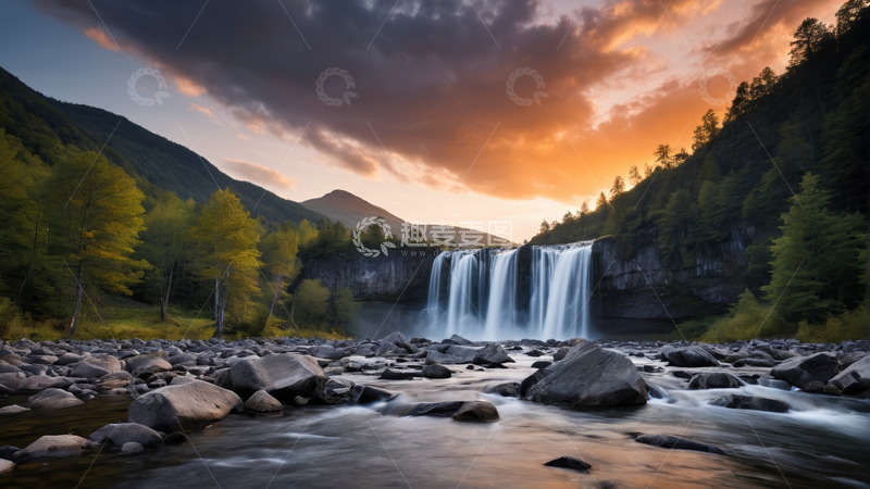高清大图下载【趣麦麦图】黄昏下山林中的瀑布风景