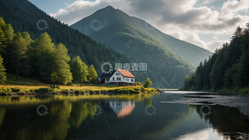 高清大图下载【趣麦麦图】湖畔山林旁的独栋小屋