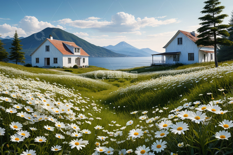 高清大图下载【趣麦麦图】湖畔田园小屋与雏菊风景
