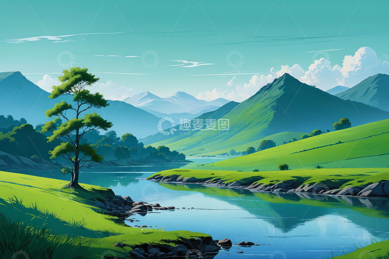 高清大图下载【趣麦麦图】山水间河畔绿树自然风光