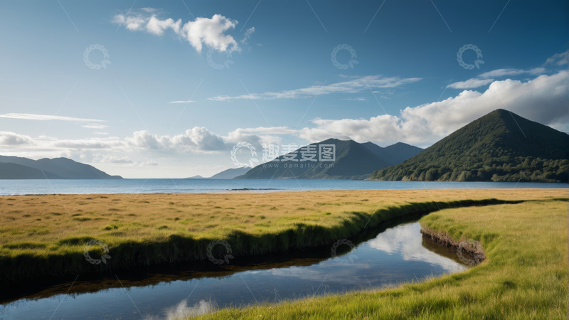 高清大图下载【趣麦麦图】草原湖泊与远山自然景观