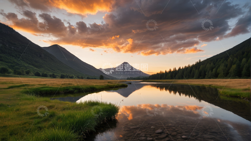 高清大图下载【趣麦麦图】山间河畔夕阳自然风光